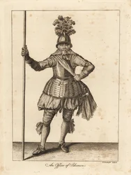 An Officer of Pikemen in Military Uniform of Helmet, Breastplate Armour, Sash, Breeches, Hose with Sword and Pike