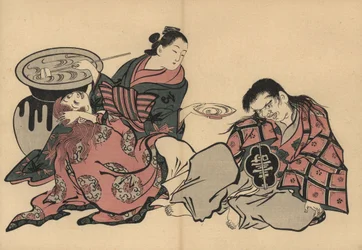 An oiran courtesan playing two shojo with sake from a huge vase. Woodblock print by Masanobu Okumura (1686-1764) from Fuzoku Emakimono, Picture Scroll of the Water Trade, Tokyo, reprint circa 1880.