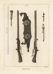 Ancient Carbine with Two Charges in the Same Barrel Fired by Two Flintlocks, Flintlocks, Ramrod, and Spanners