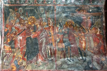 Ancient frescoes; wall paintings; kiss of Judas; Crucifixion of Jesus; Panagia and Sotiras Church; Greek Orthodox church; Roustika; Crete; Greece; Europe
