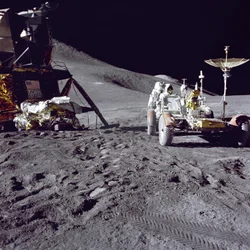 Astronaut James Irwin loads the Lunar Roving Vehicle at the Hadley-Apennine landing site