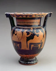Attic Red-Figure Column Krater with a Symposium Scene of a Flute Player Between Two Reclining Males, Greek, c.420 BC