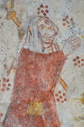 Avy, Church Notre Dame. 14th century mural (Virgin and Child surrounded, worship by pilgrims accompanied by their Holy Patrons)