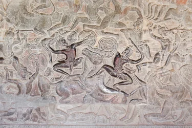 Bas reliefs on the eastern gallery of Angkor Wat, Cambodia