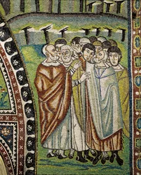 Basilica of San Vitale, detail of lunette mosaics above the entrance to the ambulatory representing Aaron and the leaders of the twelve tribes of Israel, Ravenna, Emilia-Romagna, Italy