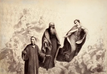 Beatrice moves away from Dante, and at his side appears St. Bernard. Illustration of Canto XXXI in Paradiso of The Divine Comedy by Dante Alighieri. Work of Francesco Scaramuzza dedicated to the Municipality of Florence