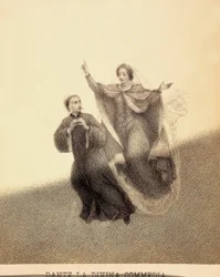 Beatrice Pointing Upward with Her Forefinger Leads Dante Through the Firmament of Paradiso (Illustration of Canto I of Paradiso of The Divine Comedy by Dante Alighieri)