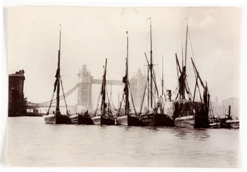 Boats moored at Tower Bridge