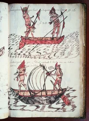 Boats of Indians, page from Codex Canadensis, manuscript on parchment by Louis Nicolas, France