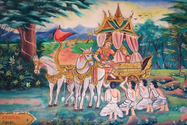 Buddha and Princess Yashodhara and Their Son, Rahula: Life of Buddha, Murals Paintings, Wat Inpeng, Vientiane, Laos