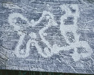 Camunian rose, copy of rock engravings in Valcamonica Valley, charcoal drawing, frottage technique