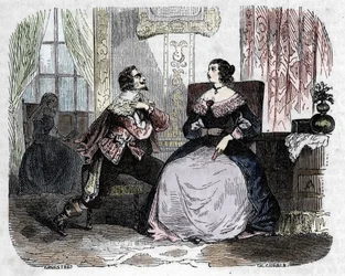 Cardinal Richelieu making advances to Queen Anne of Austria who fails to give heir to King Louis XIII (1637)