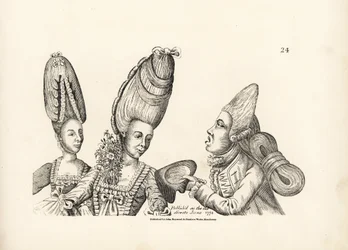 Caricature of fashions of the late 18th century: women in tall wigs with garden of flowers in her bosom, and macaroni in a tall wig with extravagant mass of hair tied at the back. Copperplate engraving after a satirical illustration by Timothy Bobbin (John