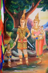 Ceiling Artwork Depicting the Life of Buddha. Wat Si Sou Mang Karam Temple, Vang Vieng, Laos, 2015