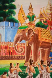 Ceiling Artwork Depicting the Life of Buddha. Wat Si Sou Mang Karam Temple, Vang Vieng, Laos, 2015