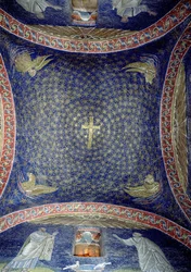 Central vault depicting a golden cross in a star strewn sky with the attributes of the apostles