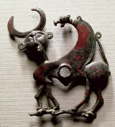 Cheek piece of a horse bit in the form of a human-headed beast, from Luristan, Western Iran, c.800-700 BC