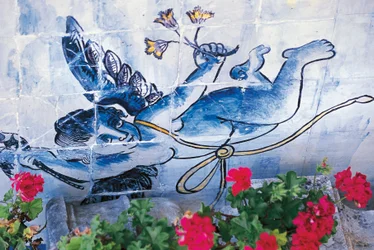 Cherub, azulejos tiles, Palace of Marquises of Fronteira, Lisbon, Portugal (detail)