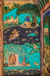 Chittra Shala courtyard with virtuoso fine paintings, Taragarh Fort, Bundi, Rajasthan, India