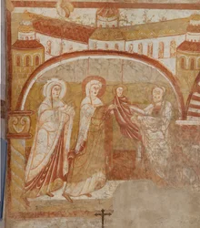 Church (Église Saint-Martin). Interior. Wall paintings. West wall of the nave. (detail) Presentation at the temple. 12th century.