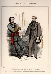 Commune of Paris: costume of LE CITIZEN PROTOT, MINISTER OF JUSTICE and M.ROUSSE, BATONNER OF THE ORDER DES AVOCATES, COMES APPLY TO DEFENSE L