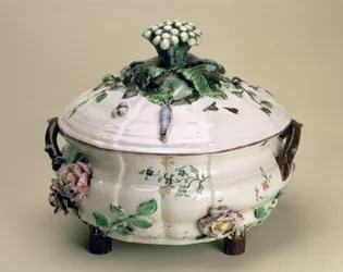 Covered tureen, decorated with applied ornament of flowers and vegetables, by Johan Ludwig Eberhard Ehrenreich, Marieberg, late 18th century
