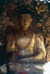 Crypt with statue of Buddha, Swayambhunath (Monkey Temple), Kathmandu Valley (Unesco World Heritage List)