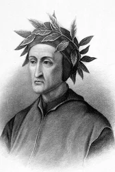 Dante Alighieri (1265-1321) Italian writer (Divine Comedy), here crowned with laurels, engraving