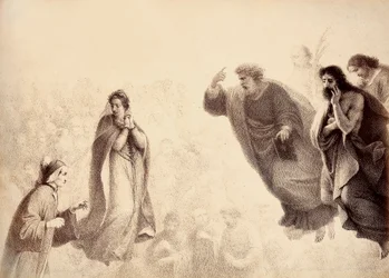 Dante and Beatrice in front of the bright spirits of the apostles Peter, James and John. Peter has his arm raised in a sign of wrath. Illustration of Canto XXVII in Paradiso of The Divine Comedy by Dante Alighieri. Work of Francesco Scaramuzza