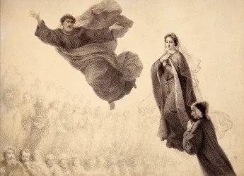 Dante and Beatrice meet St. Peter. Illustration of Canto XXIV in Paradiso of The Divine Comedy by Dante Alighieri. Work of Francesco Scaramuzza dedicated to the Municipality of Florence