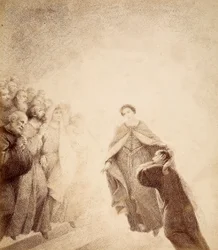 Dante covers his ears with his hands, overcome by the cries of wrath launched by the spirits arranged along the ladder. Illustration of Canto XVI in Paradiso of The Divine Comedy by Dante Alighieri. Work of Francesco Scaramuzza dedicated to the Municipalit