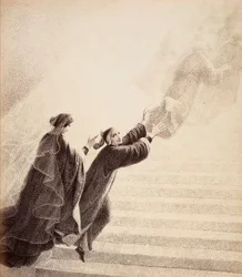 Dante, impelled by a simple sign from Beatrice, ascends the golden ladder after the blessed spirits. Illustration of Canto XVII in Paradiso of The Divine Comedy by Dante Alighieri. Work of Francesco Scaramuzza dedicated to the Municipality of Florence