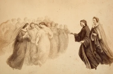 Dante together with Beatrice and the blessed spirits. Illustration of Canto XXXIII in Paradiso of The Divine Comedy by Dante Alighieri. Work of Francesco Scaramuzza dedicated to the Municipality of Florence