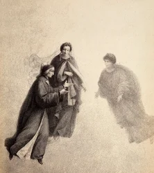 Dante, urged by Beatrice, speaks with a pious spirit. Illustration of Canto V in Paradiso of The Divine Comedy by Dante Alighieri. Work of Francesco Scaramuzza dedicated to the Municipality of Florence