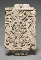 Decorative Plaque: Ram-Headed Sphinxes Flanking a Sacred Tree
