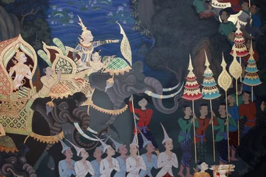 Detail of a mural painting in the Uposatha (shrine hall) of Buddhapadipa temple, Wimbledon, United Kingdom
