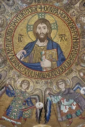 Dome of the transept: mosaic Blessing Christ Pantocrator between angels and archangels, XII century, The Palatine Chapel, The Royal Palace or Palazzo dei Normanni, Palermo, Sicily, Italy