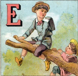Letter E: boy in balance on a tree branch. Engraving in 