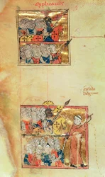 Two miniatures showing Crusaders being led by Peter the Hermit, c.1095, Histoire Universelle, c.1286