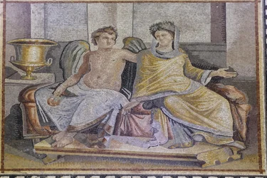 Eros and Psyche, mosaic from Zeugma, Zeugma Mosaic Museum, Gaziantep, Southeastern Anatolia Region, Anatolia, Turkey, Asia