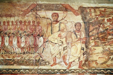 Exodus and crossing of the Red Sea, fresco from the Synagogue of Dura Europos, 244-245, preserved at the National Museum of Damascus, photo taken at the Jewish Museum of New York during an exhibition