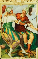 Female figures wearing helmets, detail from fresco in Manta Castle, Saluzzo, Piedmont, Italy (detail)