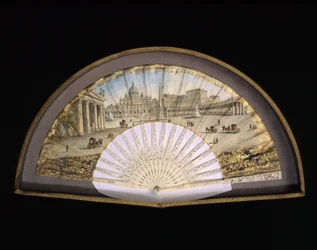 Paper fan model with gold edging, decorated with a gouache painting representing the destinations of the Grand Tour, usually a practical journey by artists and intellectuals of the 18th and 19th centuries in the Mediterranean countries during their youth