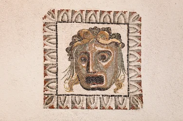 Floor mosaic dating to the 1st century BC depicting a Dionysus mask, from a Roman villa near Via Ruffinella in Rome, National Museum of Rome (Museo Nazionale Romano), Rome, Italy