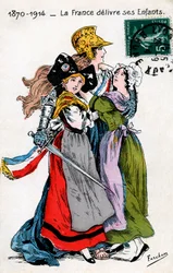 France delivering her children (Alsace and Moselle, Lorraine), postcard by Fercham