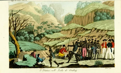 French Explorers Drawing Natives on the Island of Ombai (Ombay), Indonesia