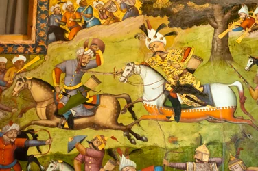 Shah Ismail on a white horse at the battle of Taher Abad, 1510