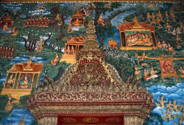 Fresco and architectural detail, Wat That, great sacred stupa rebuilt in 20th century Luang Prabang (Unesco World Heritage List)