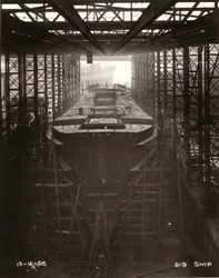 Gantry crane in operation above the cargo ship Northbank at the shipyard of William Doxford & Sons, Sunderland