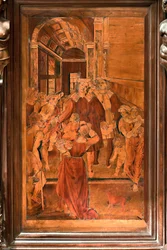 Genoa, Duomo (St Lawrence Cathedral), inside, presbitery, apse, choir, North side: "The Charity of St Lawrence", wood intarsia by Gian Michele De